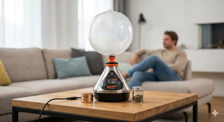 Storz & Bickel Volcano Hybrid vaporizer with a filled balloon on a table, a premium choice among herbal vaporizers in Tulsa.