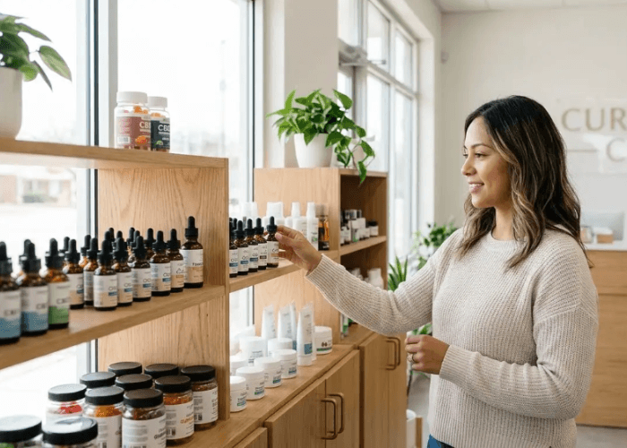A customer happily browses the extensive selection of premium CBD oils and products at a welcoming cbd shop Tulsa.