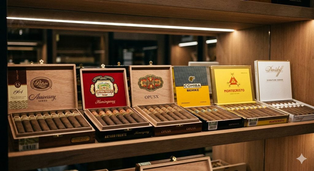 High-end cigar shop Tulsa display featuring boxes of Padrón, Arturo Fuente, Cohiba, and Montecristo premium cigar brands.