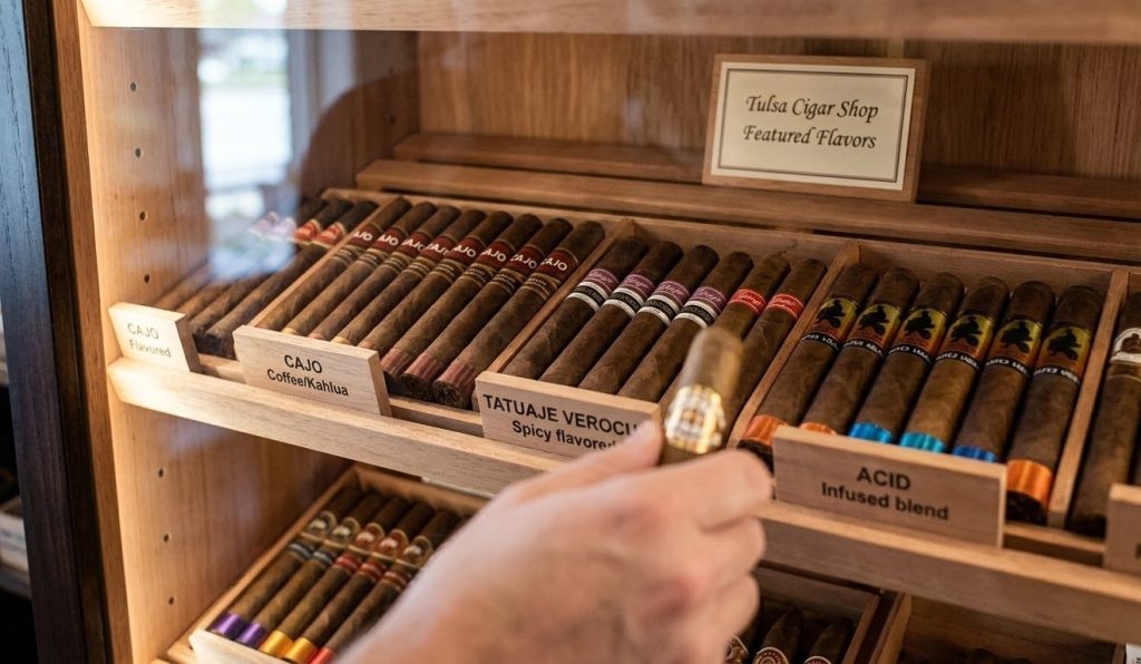 Selection of infused and spicy flavored cigars in a humidor display at a premium, well-stocked cigar shop Tulsa.