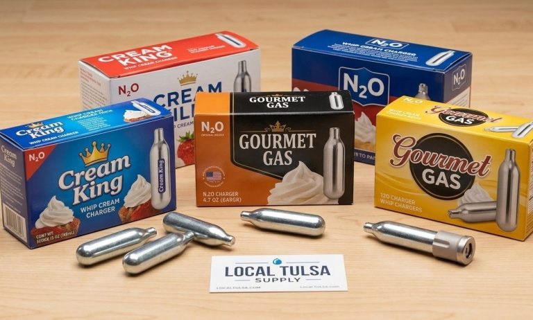 Various brands of N2O whip cream chargers boxes and loose cartridges. Your local source for whip cream chargers Tulsa.