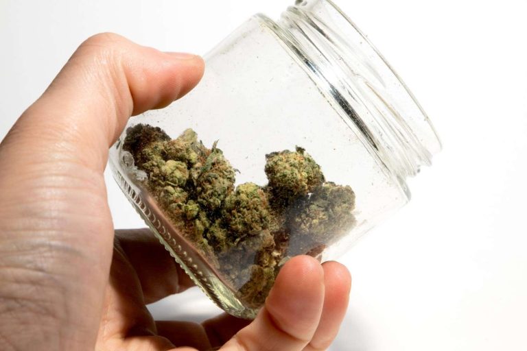 Hand holding a clear glass jar filled with premium cannabis buds inside a local delta 8 store tulsa retail shop.