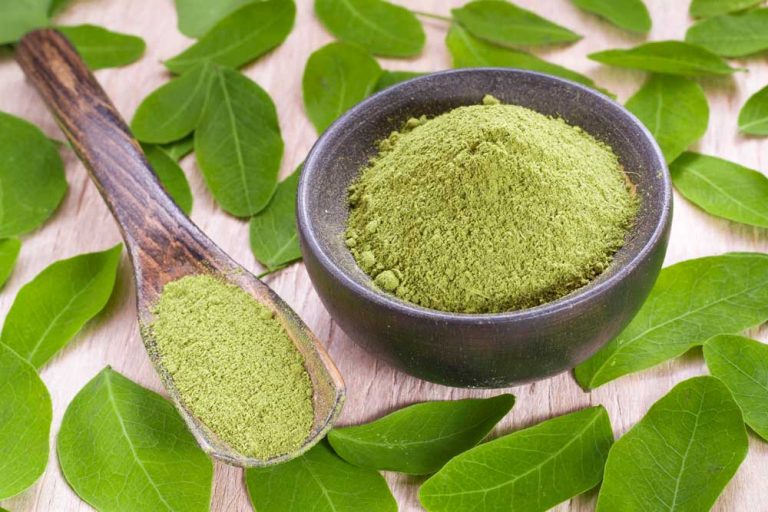 Herbal green powder in a bowl and spoon at a kratom shop Tulsa location, surrounded by fresh botanical leaves.