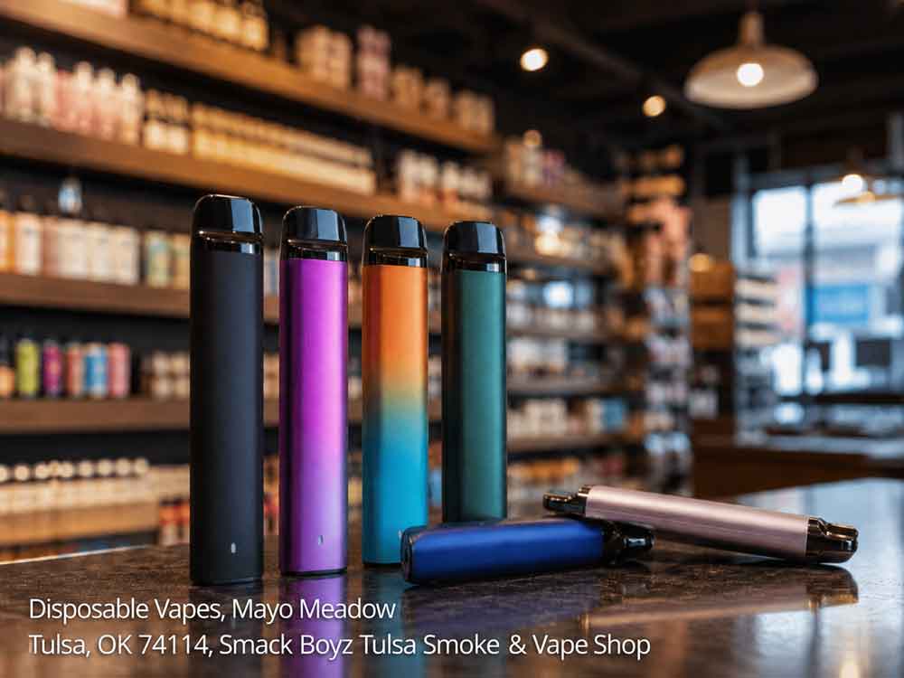 Colorful disposable vape devices displayed on a counter at a retail shop selling premium smoke accessories in Tulsa.