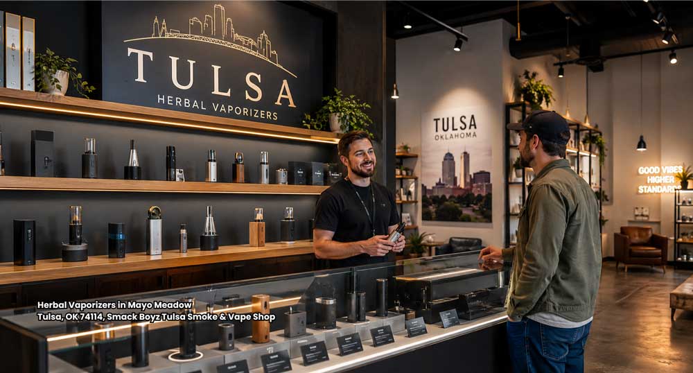 Premium herbal vaporizers Tulsa line displayed on a counter with dry herb accessories at Smack Boyz Vape Shop.
