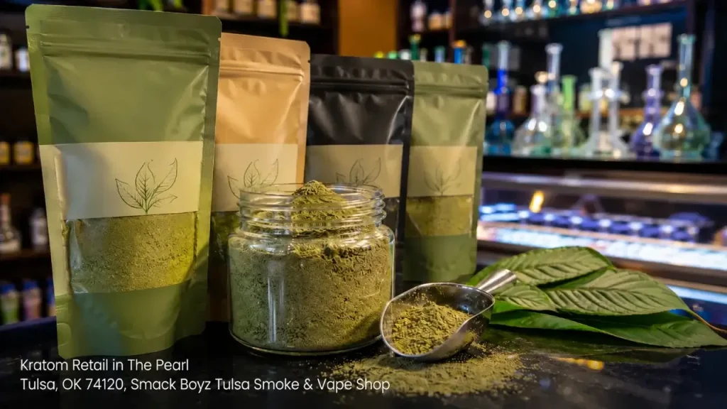 A clear jar of herbal kratom powder with a metal scoop and packaging at Smack Boyz retail vape shop in Tulsa, OK.