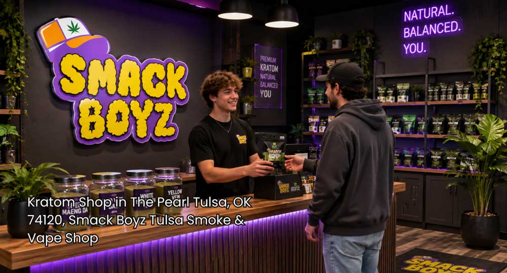 Modern kratom shop Tulsa interior with organized shelves, purple accents, branded counter, and premium kratom products.