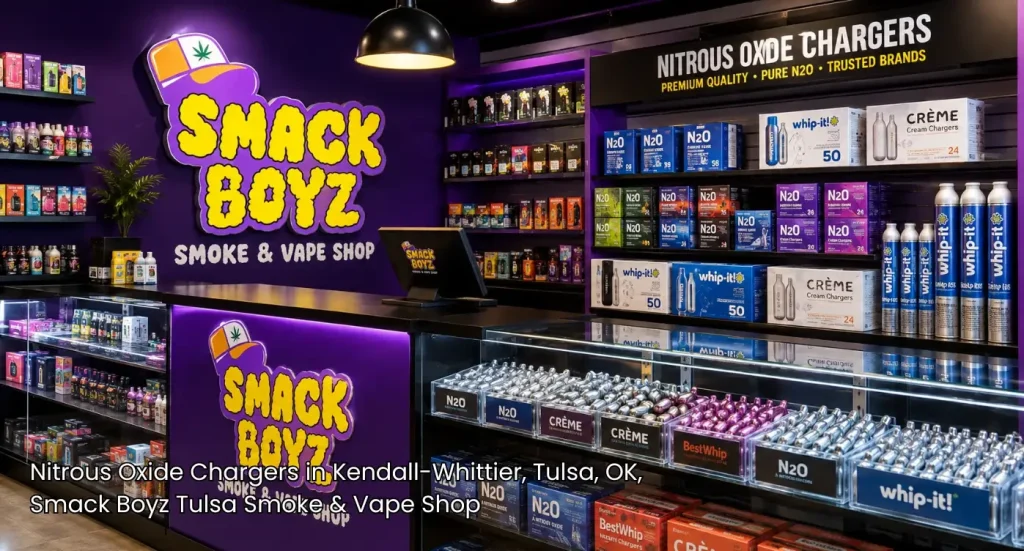 Shelves stocked with premium nitrous oxide chargers tulsa local buyers shop for at the main store counter.