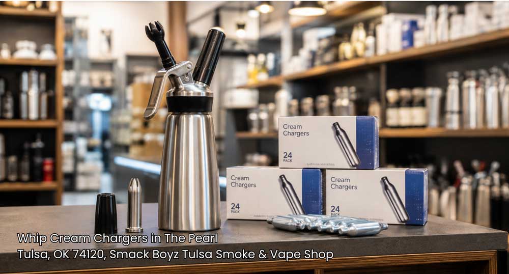 Stainless dispenser sitting alongside premium whip cream chargers tulsa customers buy for kitchen projects.