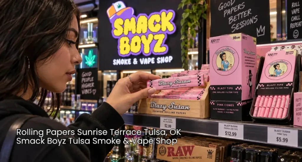 Customer selecting Blazy Susan pink rolling papers Tulsa off the shelf display inside Smack Boyz Smoke and Vape Shop.