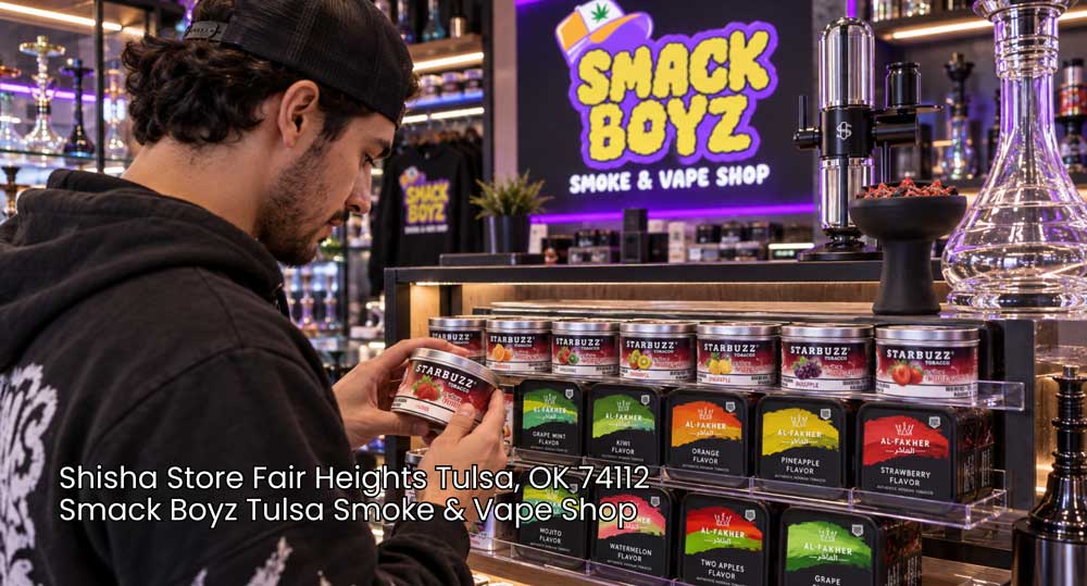 Customer browsing premium flavored tobacco tins at a local shisha store Tulsa inside Smack Boyz Smoke & Vape Shop.