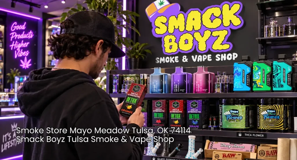 Customer browsing products on shelf displays at Smack Boyz smoke store Tulsa in Mayo Meadow.