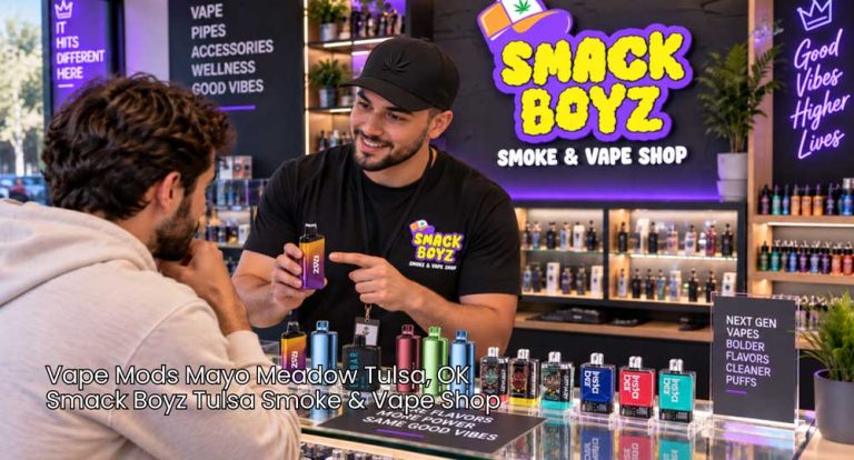 Customer browsing premium vape mods Tulsa at Smack Boyz shop counter with helpful clerk assisting.