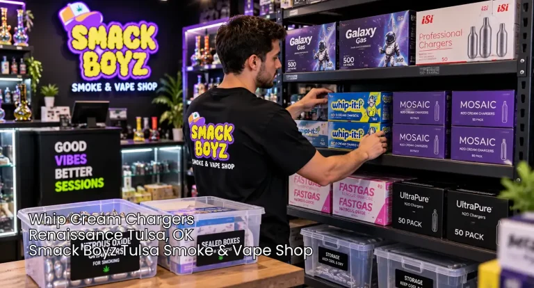 Whip cream chargers Tulsa display at Smack Boyz Smoke & Vape Shop, with staff organizing boxed chargers on retail shelves.